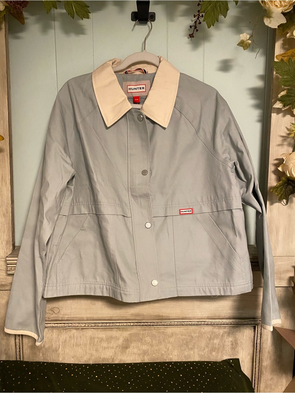 NWT Hunter Women's Light Blue/Grey Utility Jacket Cream Collar Medium